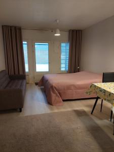 a bedroom with a bed and a couch and windows at Kauppala in Soini