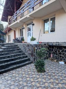 a house with a stone wall and stairs in front at Casa Jan Bonca in Lorău