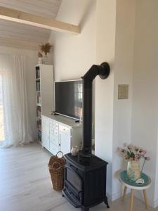 a black stove in a living room with a television at Dom Anna in Pisz