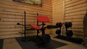 a room with a gym with a chair and weights at Vila Havka in Havka
