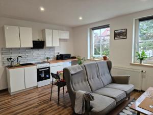 a living room with a couch and a kitchen at Apartament 5 minut od Parku Zamkowego in Pszczyna