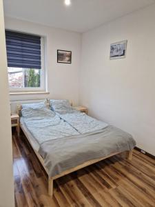 ein Schlafzimmer mit einem Bett in einem Zimmer mit einem Fenster in der Unterkunft Apartament 5 minut od Parku Zamkowego in Pless