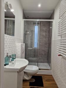 a bathroom with a shower and a toilet and a sink at Apartament 5 minut od Parku Zamkowego in Pszczyna