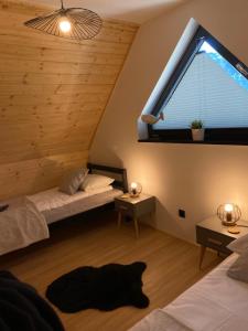 a room with two beds and a cat laying on the floor at Słoneczna Dolina in Krościenko