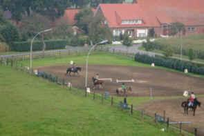 a group of people riding horses on a race track at Reiterhof Könning in Freren