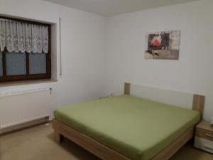 FischbachにあるFerienwohnungen "Johannesberg"のベッドルーム(緑のベッド1台、窓付)