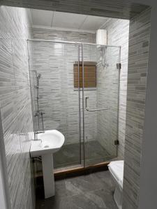 La salle de bains est pourvue d'une douche, d'un lavabo et de toilettes. dans l'établissement Inviting 3-Bed House in Accra, à Accra