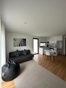 米尼奧河畔維埃拉的住宿－Ri&Vale Alojamentos，客厅配有黑色沙发和桌子