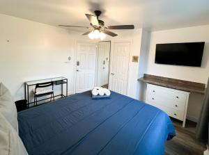 um quarto com uma cama azul e uma ventoinha de tecto em Sunny Queen bedroom feel like home!! em Englewood