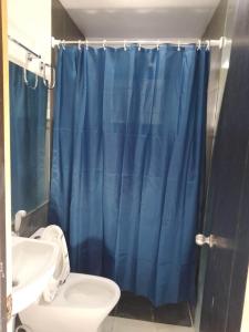 a bathroom with a blue shower curtain and a toilet at Davao Transient Villa with 24hrs security guard BBQ Grill , Free Parking and Wifi in Davao City