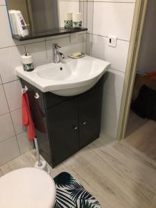 La salle de bains est pourvue d'un lavabo et de toilettes. dans l'établissement Duplex sur un fameux Grain de sable, à Bonifacio