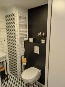 a bathroom with a white toilet and a black wall at Apartament AirPort in Wrocław +11 photos