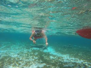 a man swimming in the water in the ocean at Las Palmeras OceanView Hotel and Dive Center in Little Corn Island