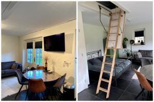 dos imágenes de una sala de estar y una habitación con una escalera en De Parel B&B, en Breezand