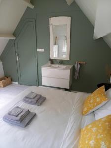 een slaapkamer met een wastafel en een bed met 2 handdoeken bij Natuurhuisje Wolterholten in Baars