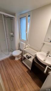 een badkamer met een toilet, een wastafel en een spiegel bij OAZA MIRA 2 Mobile House - Camp Baško Polje in Baška Voda