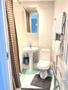 ein Badezimmer mit einem weißen WC und einem Waschbecken in der Unterkunft Quiet and comfortable apartment with parking for a nice stay for one,two or a couple with a child in Tallinn