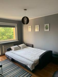 a bedroom with a large bed with a window at Quiet and comfortable apartment with parking for a nice stay for one,two or a couple with a child in Tallinn