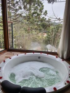 uma banheira de hidromassagem em frente a uma janela em POUSADA GRESSONEY MOUNTAIN em Monte Verde