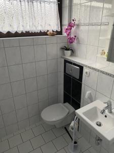 a white bathroom with a toilet and a sink at Fewo Zerbe Adendorf in Adendorf