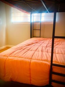 an orange bed in a bedroom with a window at ShutEye Hostel in Houston