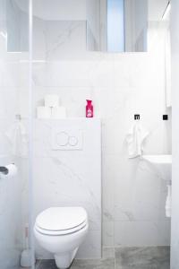 La salle de bains blanche est pourvue de toilettes et d'un lavabo. dans l'établissement Zentrale & ruhige 2 Zimmer - 42m², à Vienne