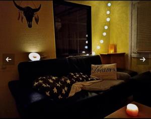 a living room with a black couch with a blanket on it at Tiny Waldheim in Billerbeck