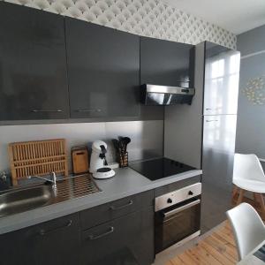 een keuken met zwarte kasten en een spoelbak bij Villa Etiennette 1 in Le Crotoy