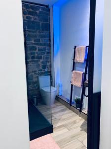 a bathroom with a toilet and a stone wall at Namur à Mur in Namur