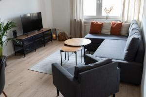 sala de estar con sofá y mesa en Modern 3Room Apartment Free Wifi Netflix and free Parking, en Hamm