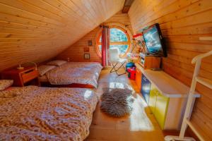 1 dormitorio en el ático con 2 camas y TV en Chalet Alpinka, en Cerklje na Gorenjskem