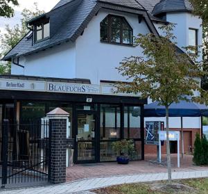 a building with a book store with a tree in front at Hotel Blaufuchs in Petershagen