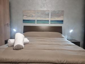 ein Schlafzimmer mit einem Bett mit zwei Gemälden an der Wand in der Unterkunft Nettuno Bari Apartment in Bari