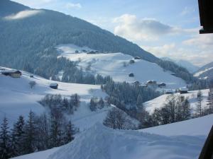a snow covered mountain with trees and houses on it at Bauernhof Strieder in Maria Luggau +1 photo