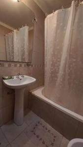 een badkamer met een wastafel, een bad en een douche bij Depto calle 18 - soleado y con balcon in La Plata