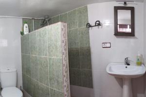 a bathroom with a sink and a toilet and a mirror at La Casa del Río, piscina natural a 5 min en coche in Villacarrillo