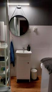 a bathroom with a sink and a mirror at Apartament Przy Parku in Jelenia Góra