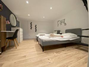 Un dormitorio con 2 camas y una silla. en Maison de ville Orléans dans le Quartier Dunois avec parking privatif, en Orléans
