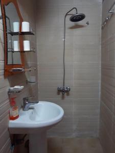 y baño con lavabo y ducha. en Balad Sayt Heritage Inn en Bilād Sayt