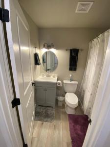 a bathroom with a toilet and a sink and a mirror at Valley Escape in Quiet Area Neighborhood in Spokane Valley