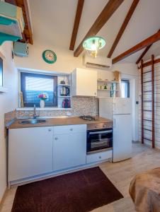 a kitchen with a white refrigerator and a sink at Bregec Tiny House and Wellness in Varaždinske Toplice