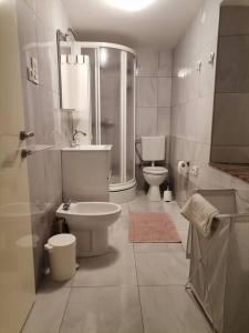 a bathroom with a toilet sink and a shower at House Marineta - Makarska promenade in Makarska