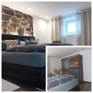 two pictures of a bedroom with a bed and a window at Ferienwohnung Zum Kühlen Grund in Eimelrod +41 photos