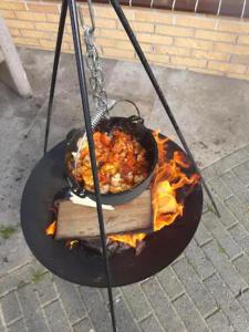 - un barbecue avec un bol de nourriture au feu dans l'établissement Prive jacuzzi cows dairyfarm relaxing sleeping, à Hitzum