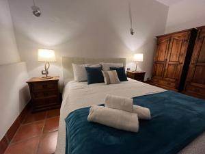 a bedroom with a large bed with a blue blanket at Agriturismo Tenuta de Castro in Aprilia