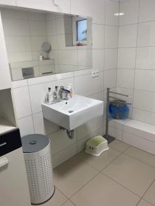 ein weißes Badezimmer mit einem Waschbecken und einem Spiegel in der Unterkunft Świętokrzyski klimacik in Bodzentyn