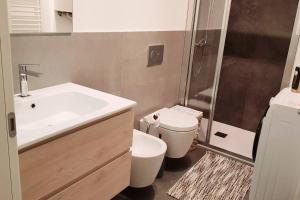 e bagno con lavandino, servizi igienici e doccia. di Grazioso appartamento in centro storico a Trento
