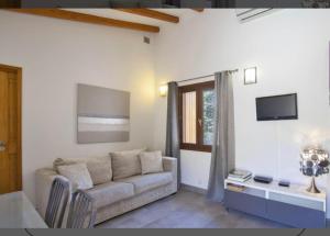 ein Wohnzimmer mit einem Sofa und einem Tisch in der Unterkunft Le MONTE-CINTO -LOCATION EN PIERRE ENTRE MER ET MONTAGNE in Moltifao
