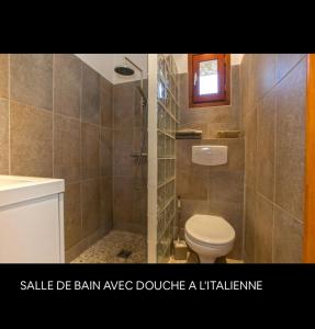 ein Bad mit einem WC und einer Dusche mit einem Fenster in der Unterkunft Le MONTE-CINTO -LOCATION EN PIERRE ENTRE MER ET MONTAGNE in Moltifao