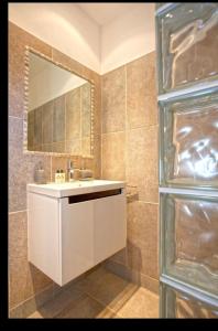 ein Badezimmer mit einem weißen Waschbecken und einem Spiegel in der Unterkunft Le MONTE-CINTO -LOCATION EN PIERRE ENTRE MER ET MONTAGNE in Moltifao